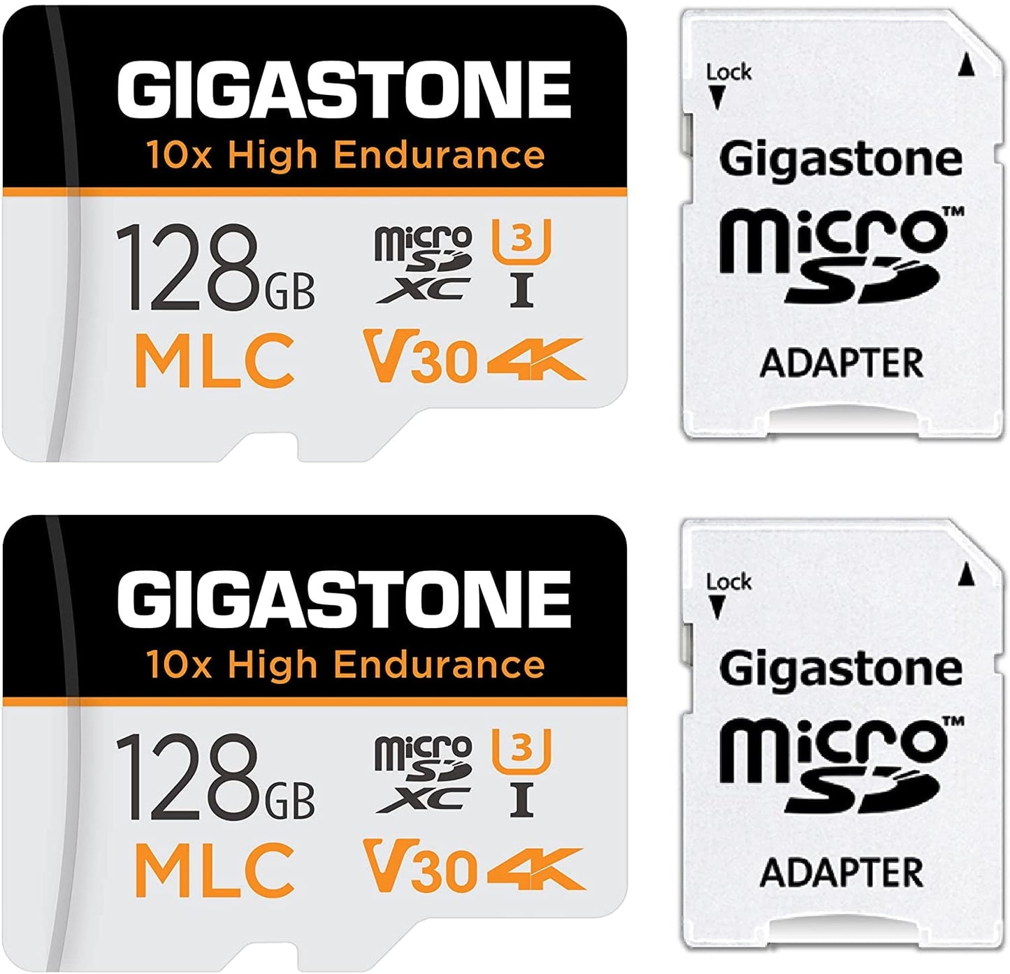 [10x Superior Endurance] Gigastone 128GB 2-Pack MLC Micro SD Card, 4K Video Recording, Security Cam, , Surveillance Compatible 100MB/s, U3 C10, with Adapter