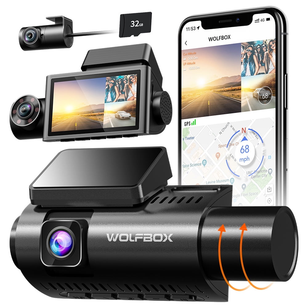 WOLFBOX 4K 3 Channel, WiFi&GPS, 3 LCD DashCam Front and Behind with Super IR Low light Vision, Loop Recording, G-Sensor, Vehicle, 24H Parking Screen