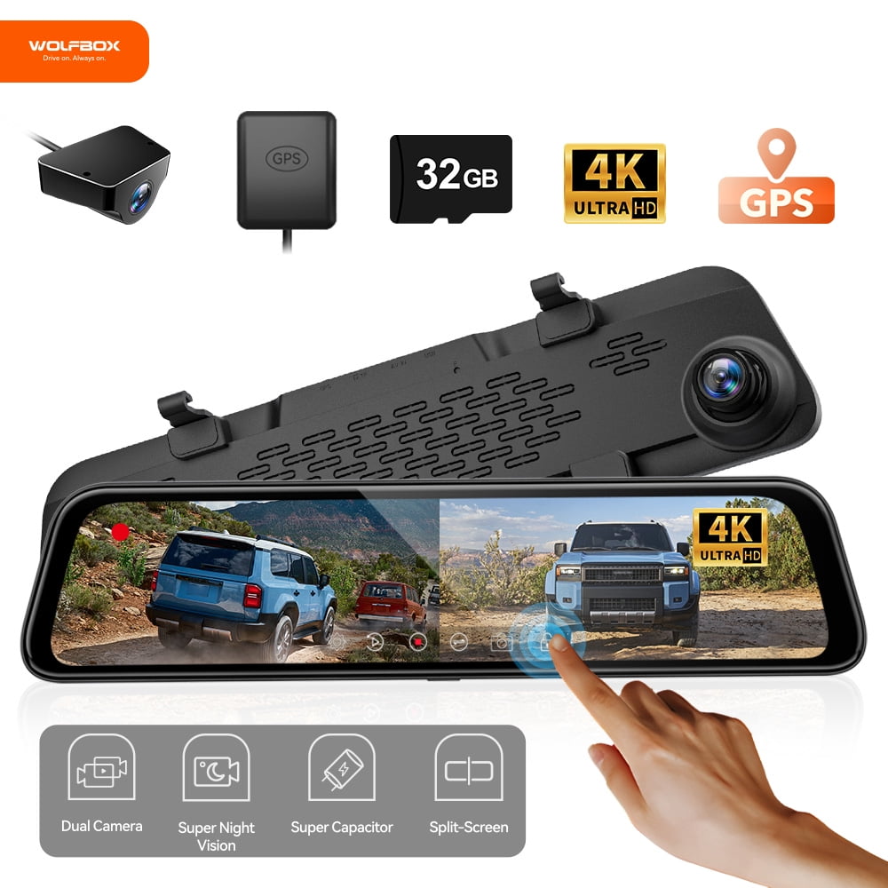 WOLFBOX Back Perspective Mirror Dashboard Camera, 12 4K Mirror , Backup Recorder with Full Touch Screen, Parking Monitor, WDR, Super Dark Vision, Free 32GB Card & GPS