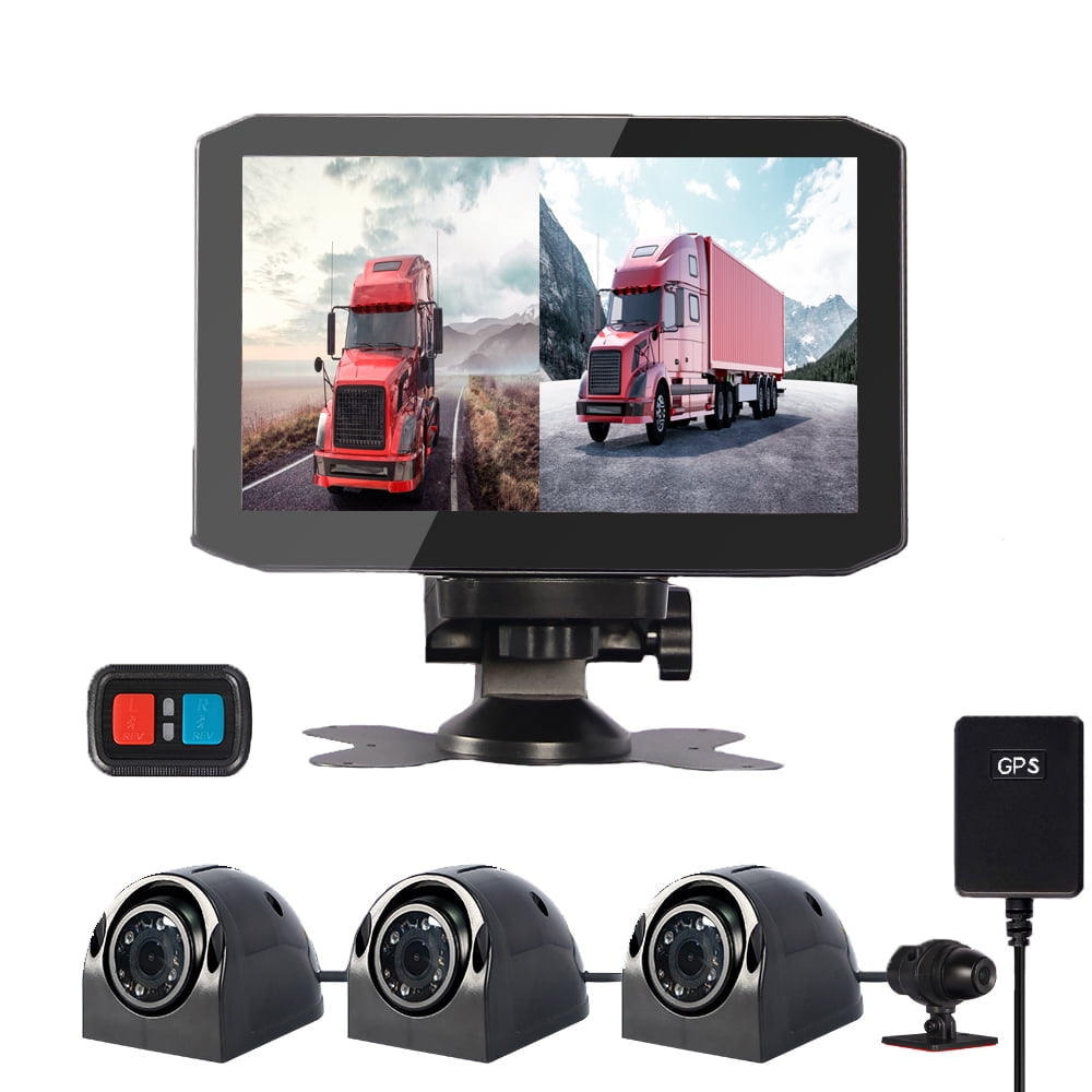 VSYSTO 4CH HD 1080P Backup Cameras, for Semi Trailer Truck Van Tractor RV, 7.0'' Display 2 Split Screen GPS Front & Sides & Behind Lens DVR, Infrared Low light Vision Lens, Power Voltage Display