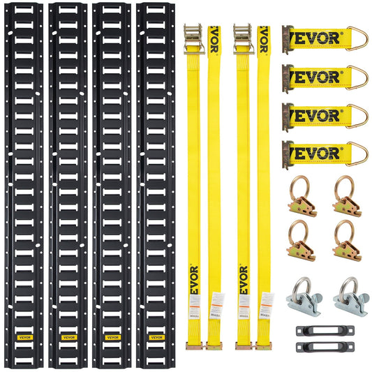 VEVOR 18pcs E-Track Tie-Down Rail Kit, 5ft E-Tracks Set Includes 4 Steel Rails & 2 Single Slot & 6 O-Rings & 4 Tie-Offs w/ D-Ring & 2 Ratchet Straps, Securing Accessories for Cargo Motorcycles Bikes