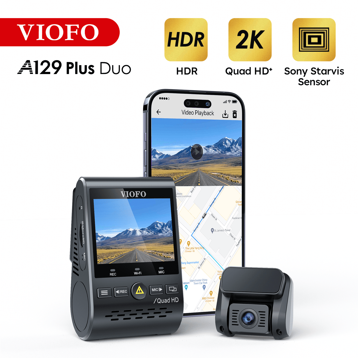 VIOFO A129 Plus Duo | Dashcam Front and Behind | 2K 1440P 60FPS + 1080P 30FPS | GPS Wi-Fi Parking Mode