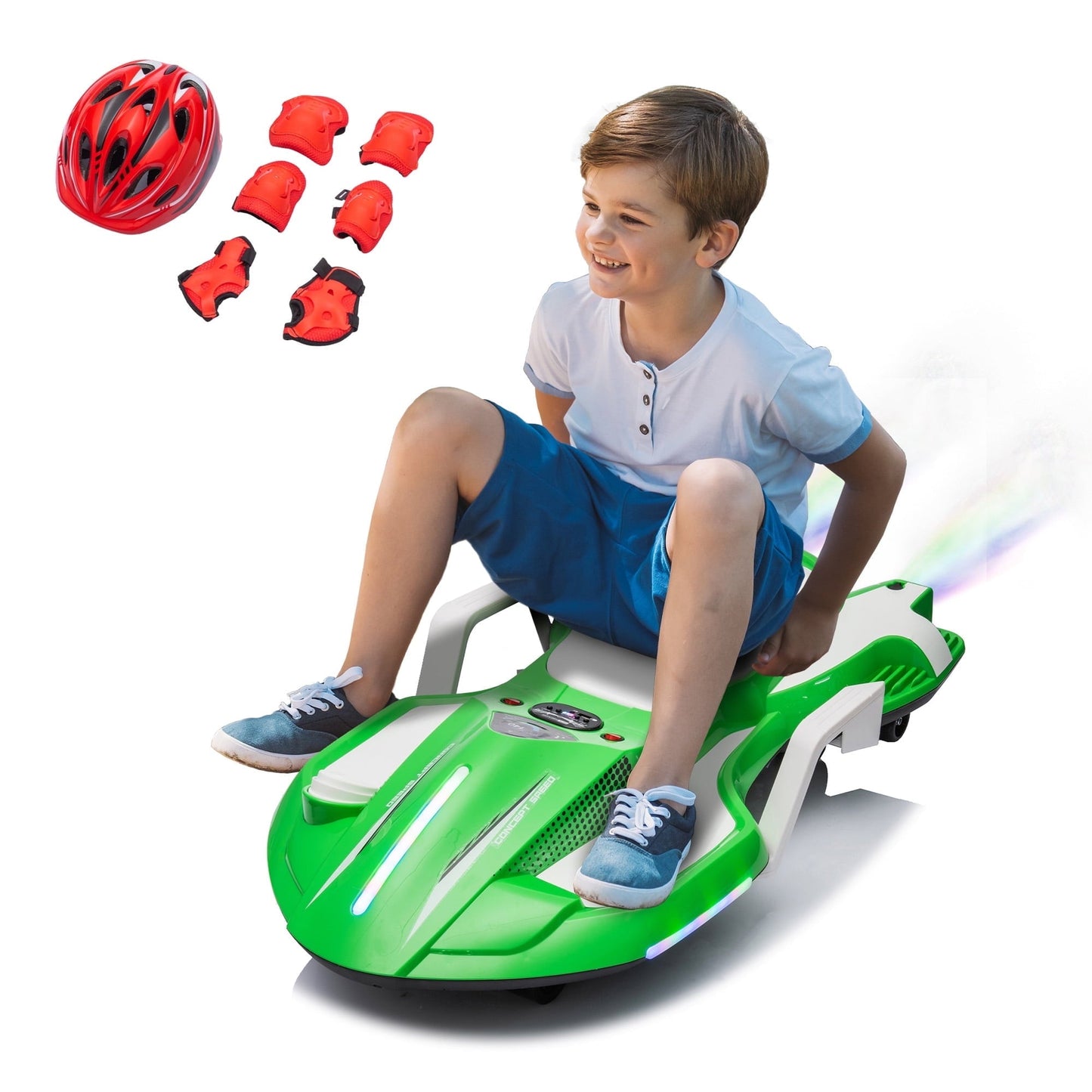 Xuanlur 24V Electric Ride Screen Toy for Kids, 24V Kids Ride Display Electric Scooter with Intelligent Gravity Steering, Helmet Knee Pads and Lens Top Speed of 6.84 MPH, Spray Function, 200W Motor (Green)